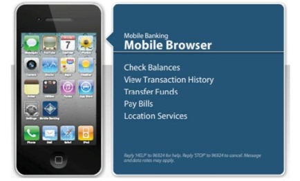 image of a cellphone stating check balances, view transactions, transfer funds, pay bills, location
