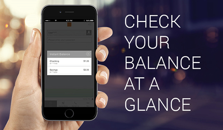 Image of mobile banking on a cell phone stating check your balance at a glance