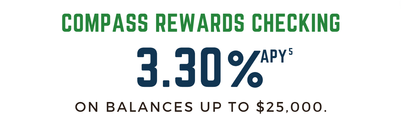 compass rewards checking. 3.30% APY(5). on balances up to $25,000.