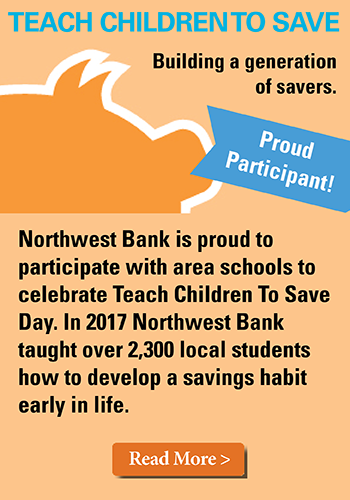 Image of a piggy bank stating Northwest Bank is proud to participate in teach children to save day. 