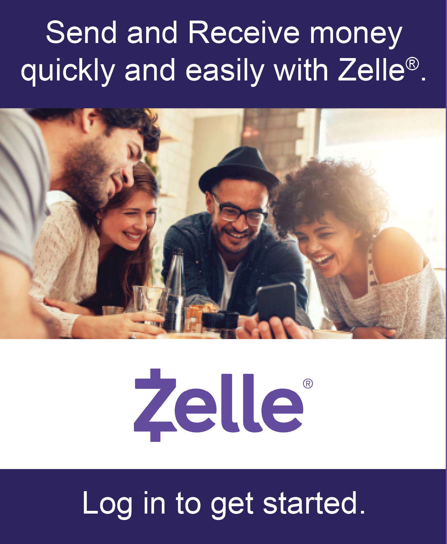 Image of a group of friends with the text send and receive money quickly and easily with Zelle