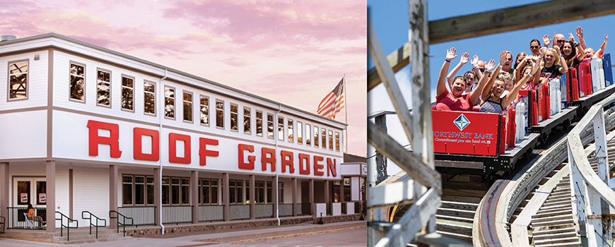 two images of roof garden and rollercoaster