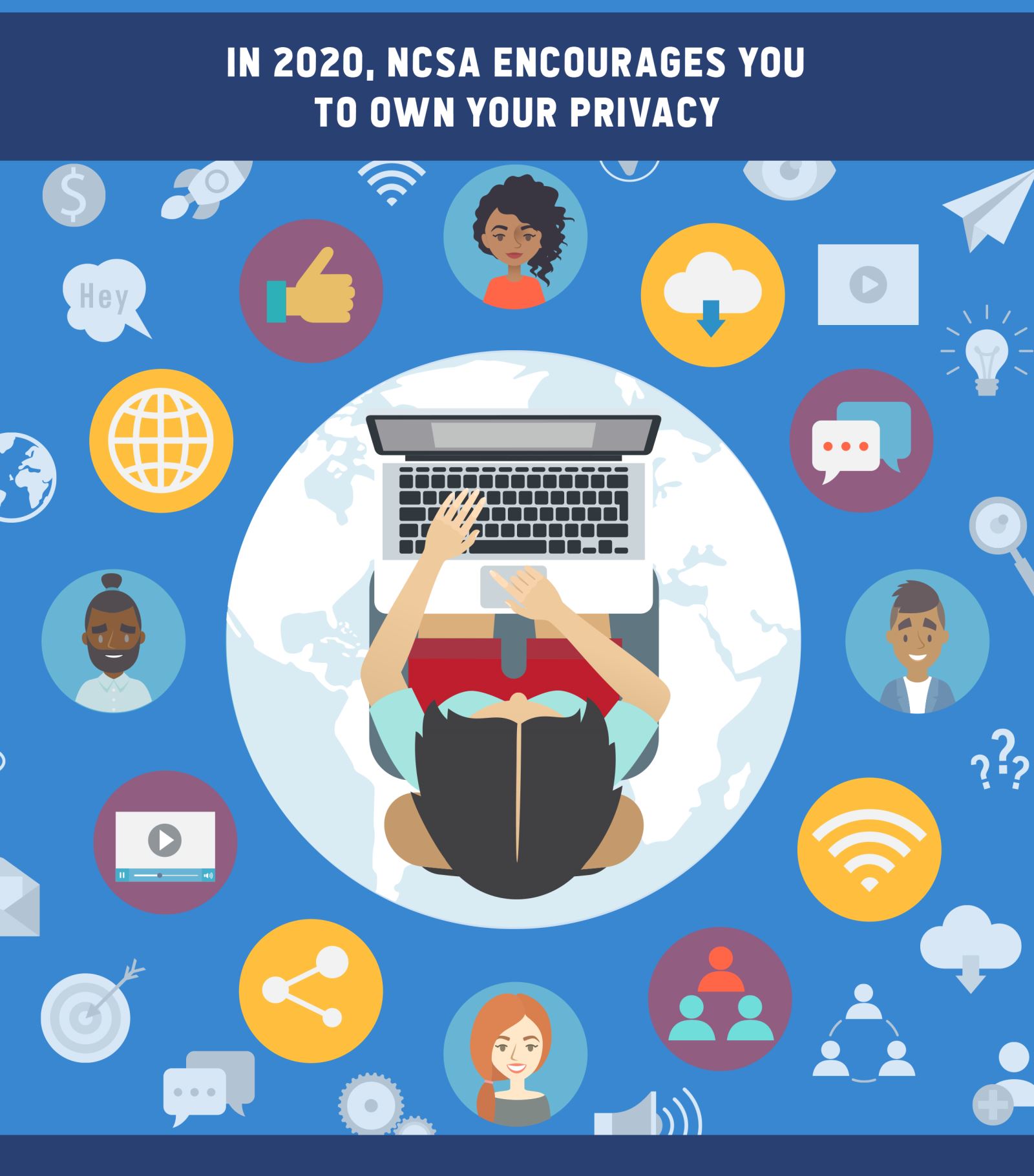 In 2020, NCSA Encourages you to own your privacy [image person on computer]