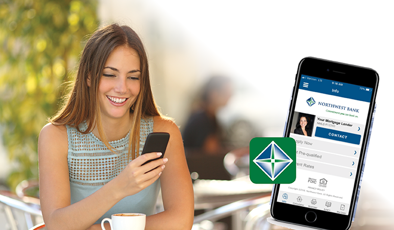 Image of a lady holding her cell phone and showing a cell phone with the Northwest Bank mortgage app