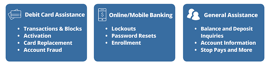 image of blue boxes stating we can help with debit card & general assistance, online/mobile banking 